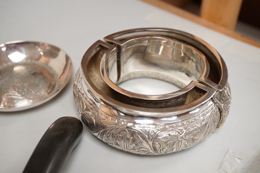 A small collection of mainly Malaysian white metal items including four hardwood handled servers, an 800 standard bowl, flower spreader and three small dishes.